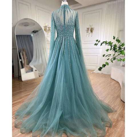 Vestidos de noche estilo Dubai, corte A, color turquesa árabe, con cuentas y mangas tipo capa, para mujer, ideales para bodas y fiestas (2025) LA72199 