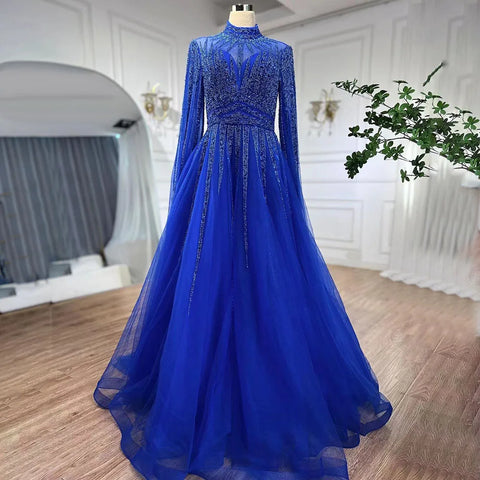 Vestidos de noche estilo Dubai, corte A, color turquesa árabe, con cuentas y mangas tipo capa, para mujer, ideales para bodas y fiestas (2025) LA72199 