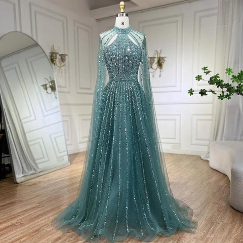 Arabic Turquoise A Line Cape Sleeve Beaded Luxury Dubai Evening Dresses Gowns For Women Wedding Party 2025 LA72306A