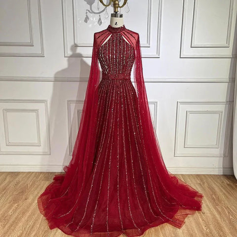 Arabic Turquoise A Line Cape Sleeve Beaded Luxury Dubai Evening Dresses Gowns For Women Wedding Party 2025 LA72306A