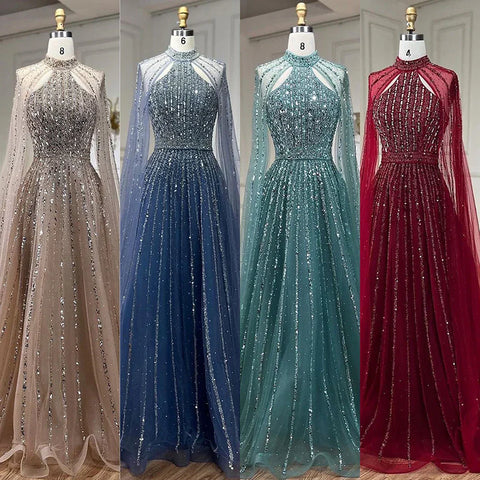 Arabic Turquoise A Line Cape Sleeve Beaded Luxury Dubai Evening Dresses Gowns For Women Wedding Party 2025 LA72306A