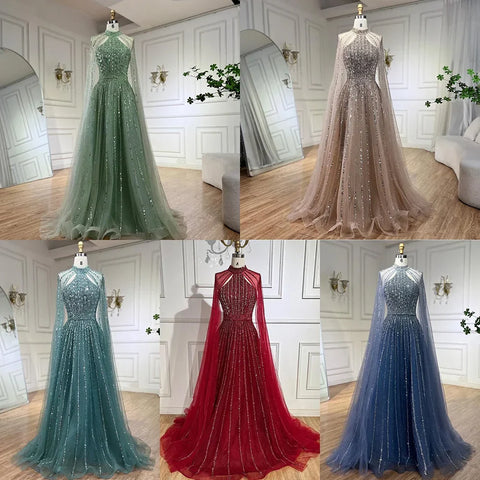 Arabic Turquoise A Line Cape Sleeve Beaded Luxury Dubai Evening Dresses Gowns For Women Wedding Party 2025 LA72306A