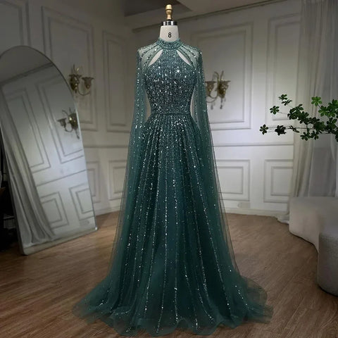Arabic Turquoise A Line Cape Sleeve Beaded Luxury Dubai Evening Dresses Gowns For Women Wedding Party 2025 LA72306A