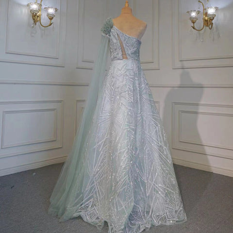 Arabic Turquoise A-Line Sexy One Shoulder Evening Dresses Gowns Cape Sleeves Luxury Beaded 2025 Women Party LA71741