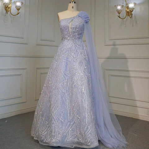 Arabic Turquoise A-Line Sexy One Shoulder Evening Dresses Gowns Cape Sleeves Luxury Beaded 2025 Women Party LA71741