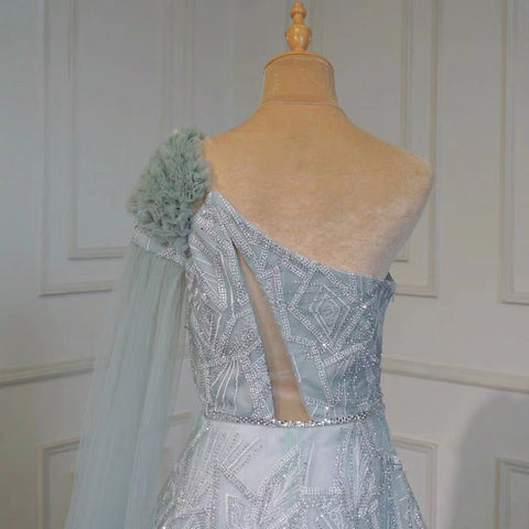 Arabic Turquoise A-Line Sexy One Shoulder Evening Dresses Gowns Cape Sleeves Luxury Beaded 2025 Women Party LA71741