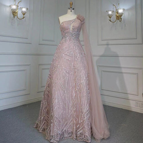 Arabic Turquoise A-Line Sexy One Shoulder Evening Dresses Gowns Cape Sleeves Luxury Beaded 2025 Women Party LA71741