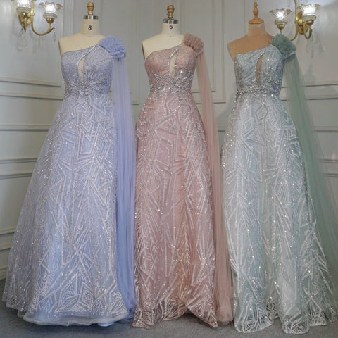 Arabic Turquoise A-Line Sexy One Shoulder Evening Dresses Gowns Cape Sleeves Luxury Beaded 2025 Women Party LA71741