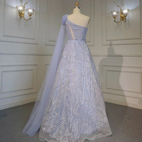 Arabic Turquoise A-Line Sexy One Shoulder Evening Dresses Gowns Cape Sleeves Luxury Beaded 2025 Women Party LA71741