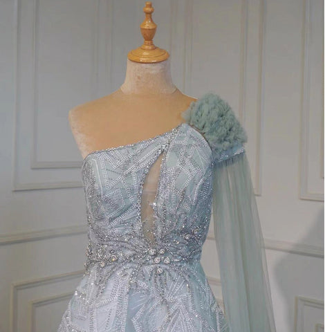 Arabic Turquoise A-Line Sexy One Shoulder Evening Dresses Gowns Cape Sleeves Luxury Beaded 2025 Women Party LA71741