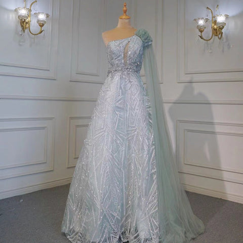 Arabic Turquoise A-Line Sexy One Shoulder Evening Dresses Gowns Cape Sleeves Luxury Beaded 2025 Women Party LA71741
