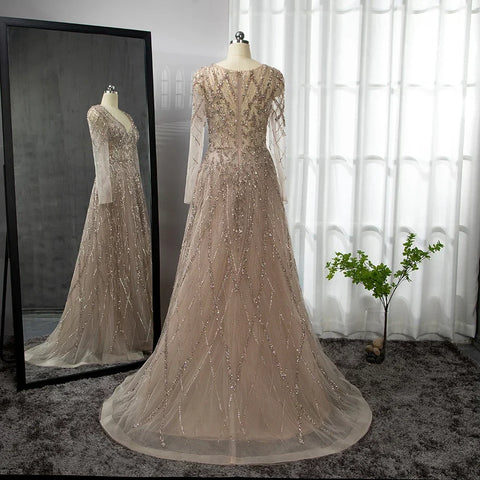 Vestidos de noche árabes turquesa, corte en A, escote corazón, mangas largas y con cuentas, para mujer, fiesta 2025 LA71793 