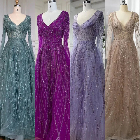 Vestidos de noche árabes turquesa, corte en A, escote corazón, mangas largas y con cuentas, para mujer, fiesta 2025 LA71793 