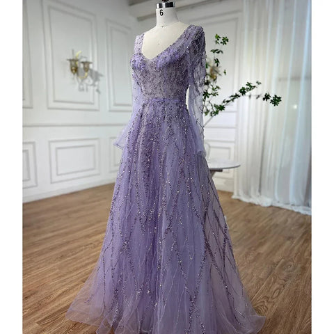 Vestidos de noche árabes turquesa, corte en A, escote corazón, mangas largas y con cuentas, para mujer, fiesta 2025 LA71793 