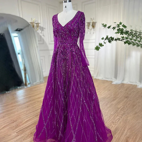 Vestidos de noche árabes turquesa, corte en A, escote corazón, mangas largas y con cuentas, para mujer, fiesta 2025 LA71793 