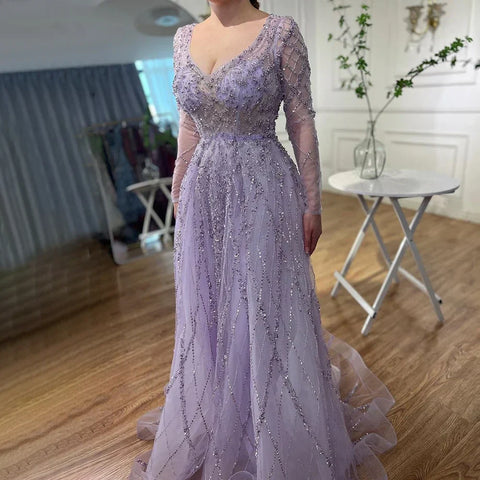 Vestidos de noche árabes turquesa, corte en A, escote corazón, mangas largas y con cuentas, para mujer, fiesta 2025 LA71793 