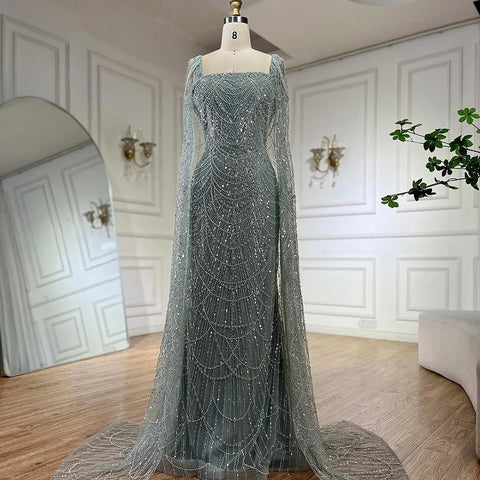 Robe de soirée longue en dentelle turquoise pour femme, manches cape, perles et perles, 2025 LA72590 