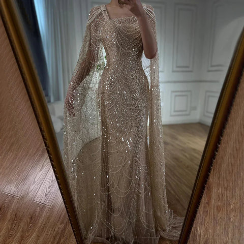 Robe de soirée longue en dentelle turquoise pour femme, manches cape, perles et perles, 2025 LA72590 