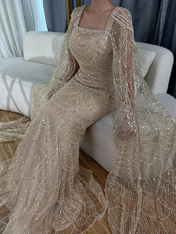 Robe de soirée longue en dentelle turquoise pour femme, manches cape, perles et perles, 2025 LA72590 