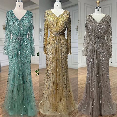 Arabic Turquoise Elegant Mermaid Beaded Open Split Evening Dresses Gowns 2025 For Women Wedding Party LA72007