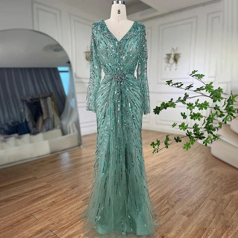 Arabic Turquoise Elegant Mermaid Beaded Open Split Evening Dresses Gowns 2025 For Women Wedding Party LA72007