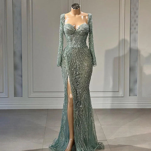 Robe de soirée sirène élégante turquoise, fendue sur le côté, avec perles, pour femme, tenue de mariage, modèle 2025, LA72093 
