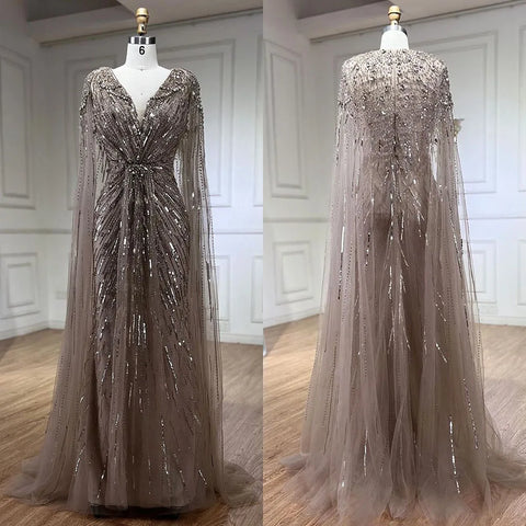 Arabic Turquoise Mermaid Beaded Cape Sleeves Elegant Evening Dresses Gowns 2025 For Women Wedding Party LA72168