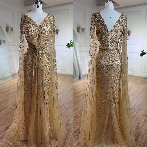 Arabic Turquoise Mermaid Beaded Cape Sleeves Elegant Evening Dresses Gowns 2025 For Women Wedding Party LA72168