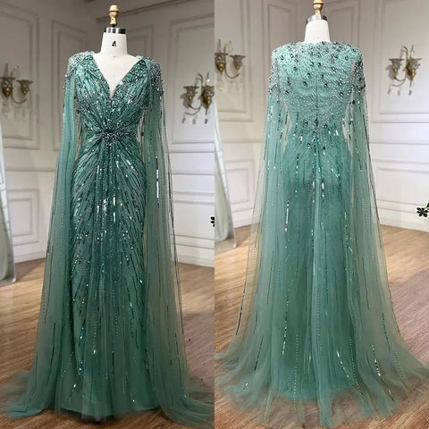 Arabic Turquoise Mermaid Beaded Cape Sleeves Elegant Evening Dresses Gowns 2025 For Women Wedding Party LA72168