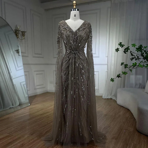 Arabic Turquoise Mermaid Beaded Cape Sleeves Elegant Evening Dresses Gowns 2025 For Women Wedding Party LA72168