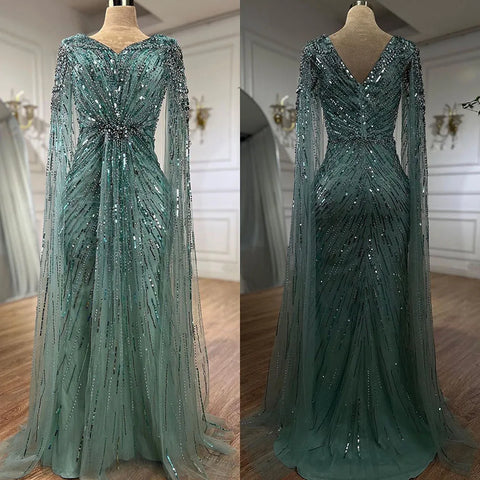 Arabic Turquoise Mermaid Beaded Cape Sleeves Elegant Evening Dresses Gowns 2025 For Women Wedding Party LA72168