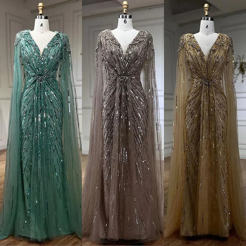 Arabic Turquoise Mermaid Beaded Cape Sleeves Elegant Evening Dresses Gowns 2025 For Women Wedding Party LA72168