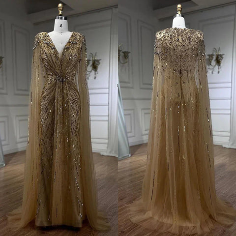 Arabic Turquoise Mermaid Beaded Cape Sleeves Elegant Evening Dresses Gowns 2025 For Women Wedding Party LA72168