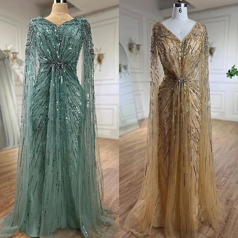 Arabic Turquoise Mermaid Beaded Cape Sleeves Elegant Evening Dresses Gowns 2025 For Women Wedding Party LA72168