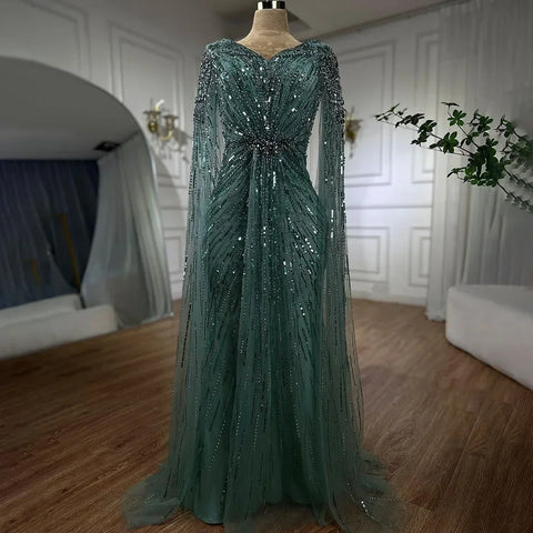 Arabic Turquoise Mermaid Beaded Cape Sleeves Elegant Evening Dresses Gowns 2025 For Women Wedding Party LA72168
