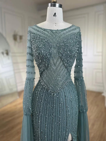 Arabic Turquoise Mermaid Beaded Elegant Cape Sleeves Luxury Evening Dress Gown For Women Wedding Party 2025 LA72246