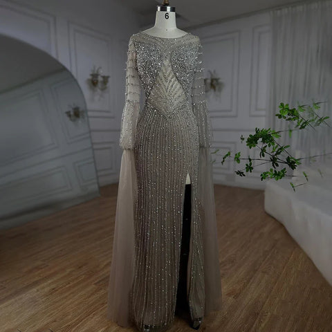 Arabic Turquoise Mermaid Beaded Elegant Cape Sleeves Luxury Evening Dress Gown For Women Wedding Party 2025 LA72246