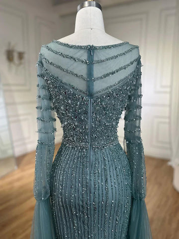 Arabic Turquoise Mermaid Beaded Elegant Cape Sleeves Luxury Evening Dress Gown For Women Wedding Party 2025 LA72246