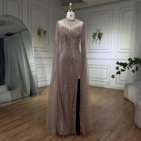 Arabic Turquoise Mermaid Cape Sleeves Split Beaded Evening Dresses Gowns For Woman Wedding  Party 2025 LA72381