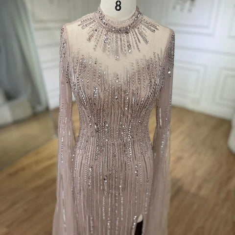 Arabic Turquoise Mermaid Cape Sleeves Split Beaded Evening Dresses Gowns For Woman Wedding  Party 2025 LA72381