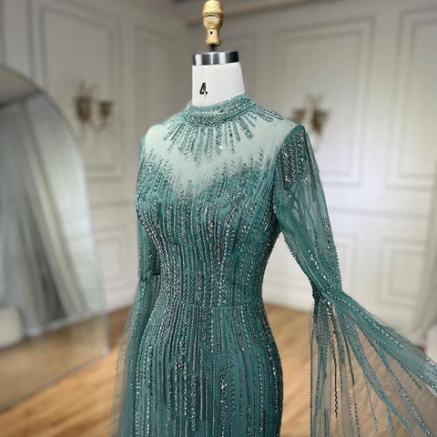 Arabic Turquoise Mermaid Cape Sleeves Split Beaded Evening Dresses Gowns For Woman Wedding  Party 2025 LA72381