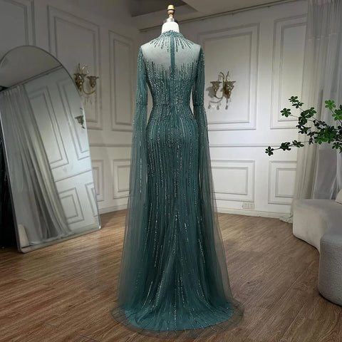 Arabic Turquoise Mermaid Cape Sleeves Split Beaded Evening Dresses Gowns For Woman Wedding  Party 2025 LA72381