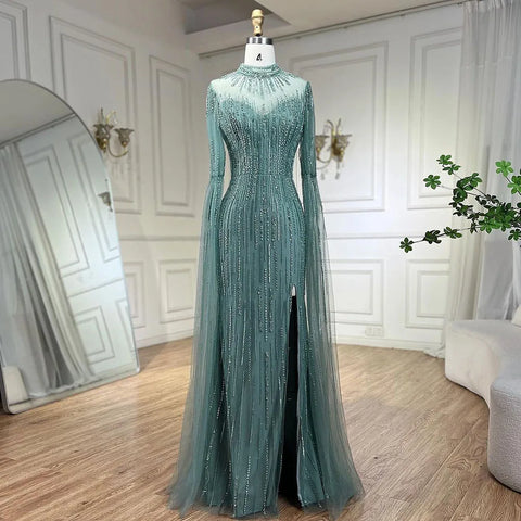 Arabic Turquoise Mermaid Cape Sleeves Split Beaded Evening Dresses Gowns For Woman Wedding  Party 2025 LA72381