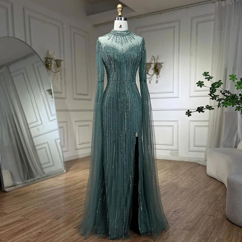 Arabic Turquoise Mermaid Cape Sleeves Split Beaded Evening Dresses Gowns For Woman Wedding  Party 2025 LA72381