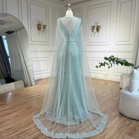 Arabic Turquoise Mermaid Dubai Evening Dress with Elegant Luxury Beaded Cape Sleeves for Women's Party 2025 LA72574