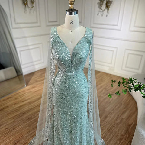 Arabic Turquoise Mermaid Dubai Evening Dress with Elegant Luxury Beaded Cape Sleeves for Women's Party 2025 LA72574