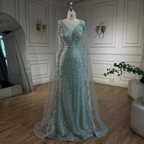 Arabic Turquoise Mermaid Dubai Evening Dress with Elegant Luxury Beaded Cape Sleeves for Women's Party 2025 LA72574
