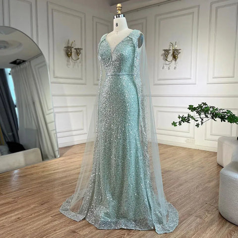 Arabic Turquoise Mermaid Dubai Evening Dress with Elegant Luxury Beaded Cape Sleeves for Women's Party 2025 LA72574