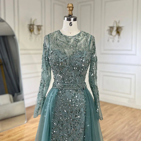 Luxury Dubai Turquoise Mermaid Evening Dress with Tulle LA72601