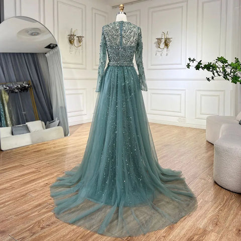 Luxury Dubai Turquoise Mermaid Evening Dress with Tulle LA72601